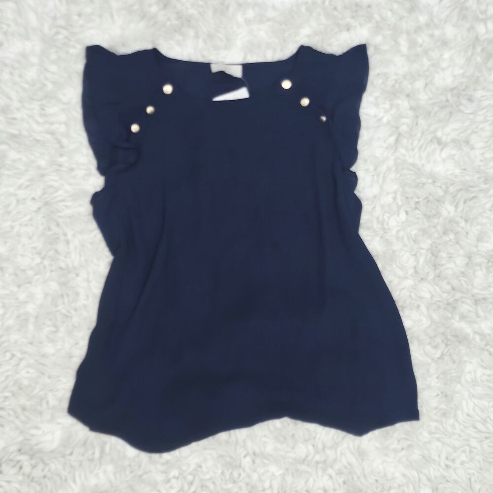 Loft Womens Petite Large Navy Blue Ruffle Flutter Sleeve Blouse